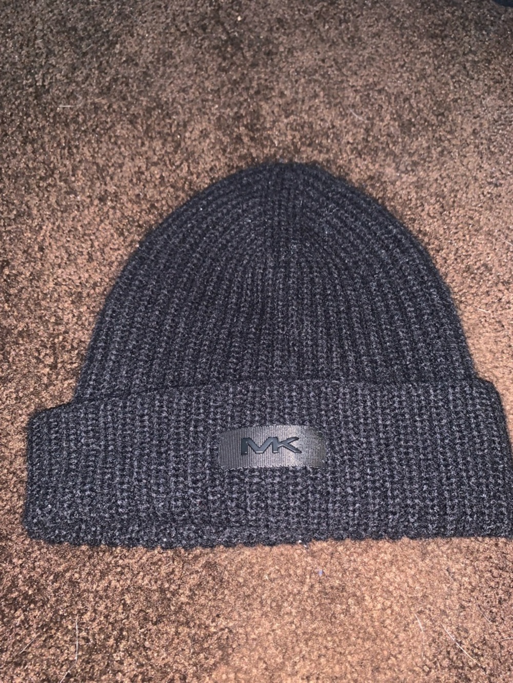 Michael Kors Black Rib Knit Beanie with MK Logo Patch